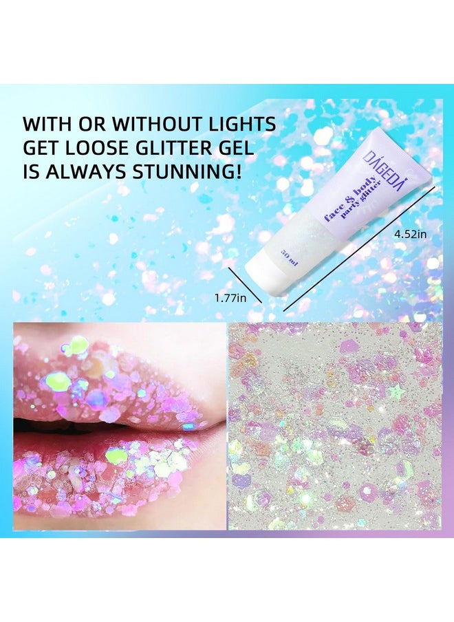 Body Glitter Gel, Face Glitter Body Gel Sequins Shimmer Liquid Eyeshadow, Chunky Glitter For Face Hair Nails, Holographic Cosmetic Laser Powder Festival Glitter Makeup 50Ml(White)