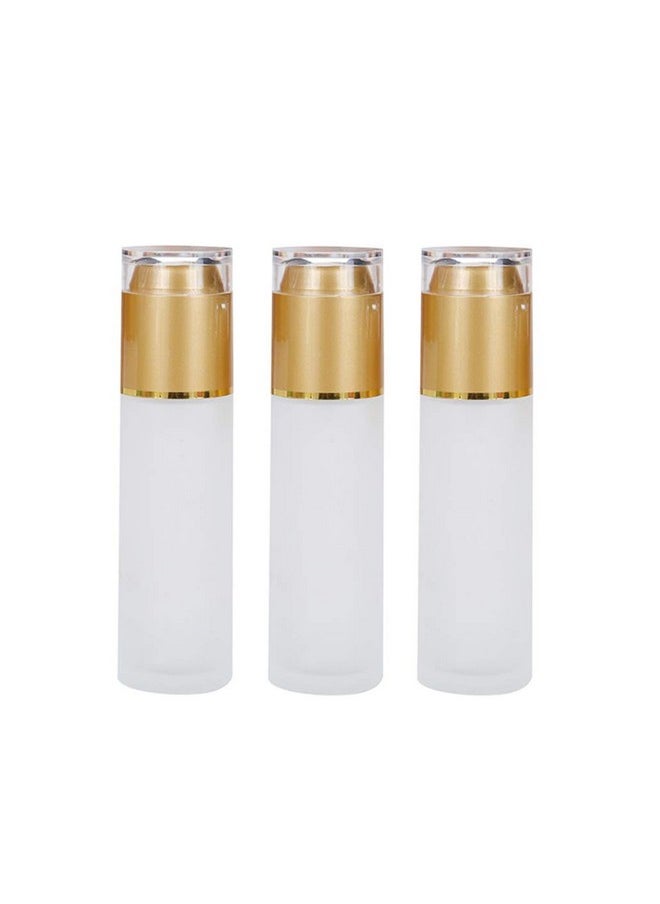 3Pcs Clear Empty Frosted Glass Lotion Pump Bottle With Golden Acrylic Cover Reusable Storage Vial Sample Packing Dispenser Container For Storing Facial Cleanser Essence Liquid Foundation(60Ml/2Oz)