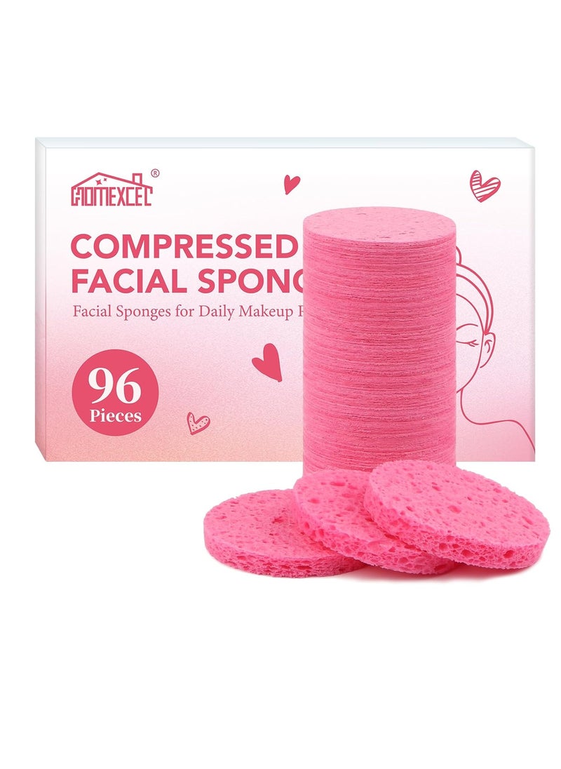 HOMEXCEL 96-Counts Compressed Facial Sponges, 100％ Natural Cellulose Spa Sponges for Daily Facial Cleansing and Exfoliating, Reusable Makeup Remover Pads, Ideal for Home Travel, Pink