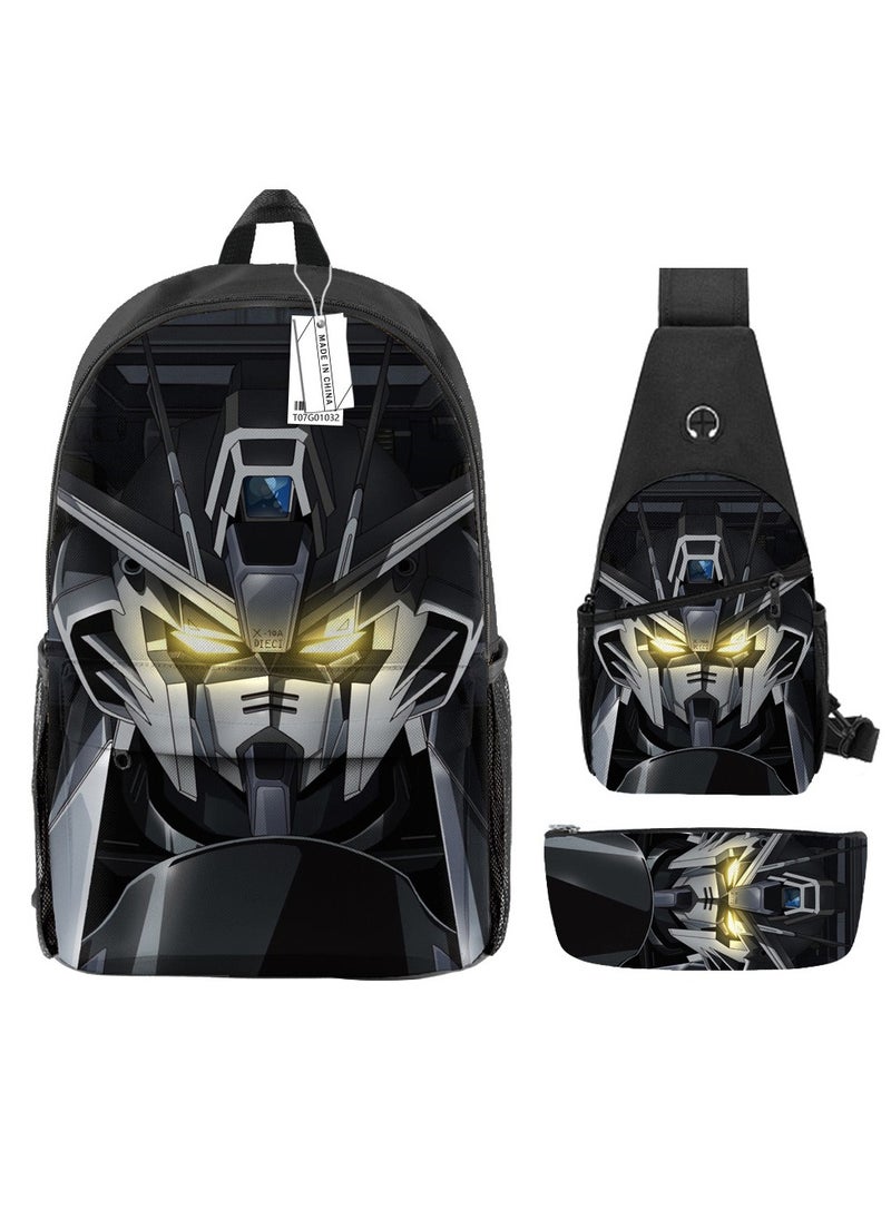 Backpack polyester schoolbag large-capacity cross-body bag student (new three-piece set)\\G01-: mobile warrior