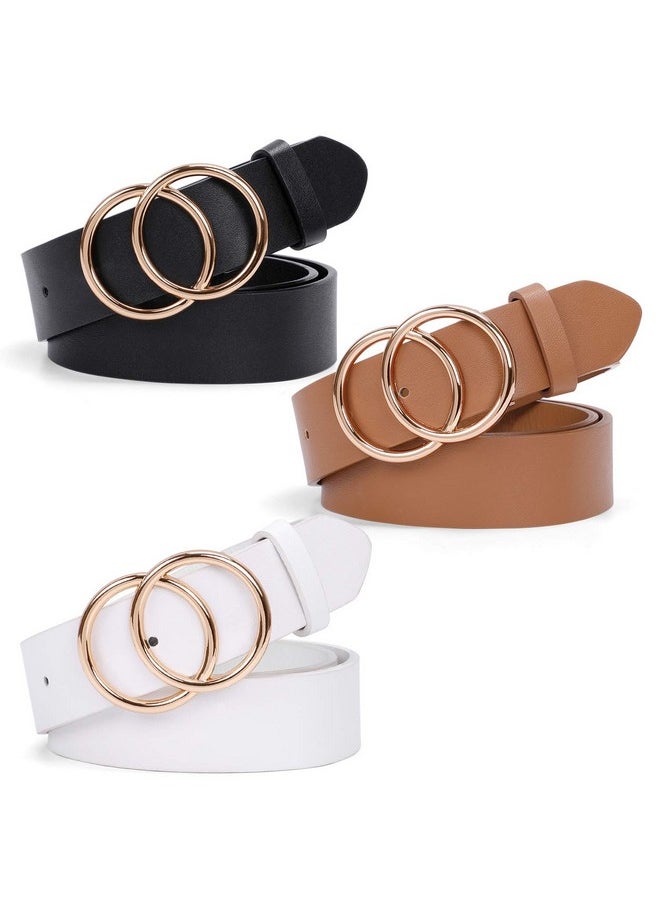 Women Leather Belt Fashion Double O-Ring Soft Faux Leather Waist Belts For Jeans Dress