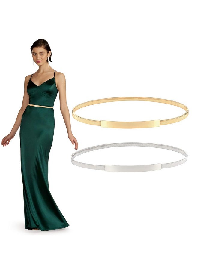 2 Pieces Women Skinny Metal Chain Waist Belt Stretchy Saree Cinch Belt For Dress Gold Sliver (00 Gold, Fit Waist 30-33 In)