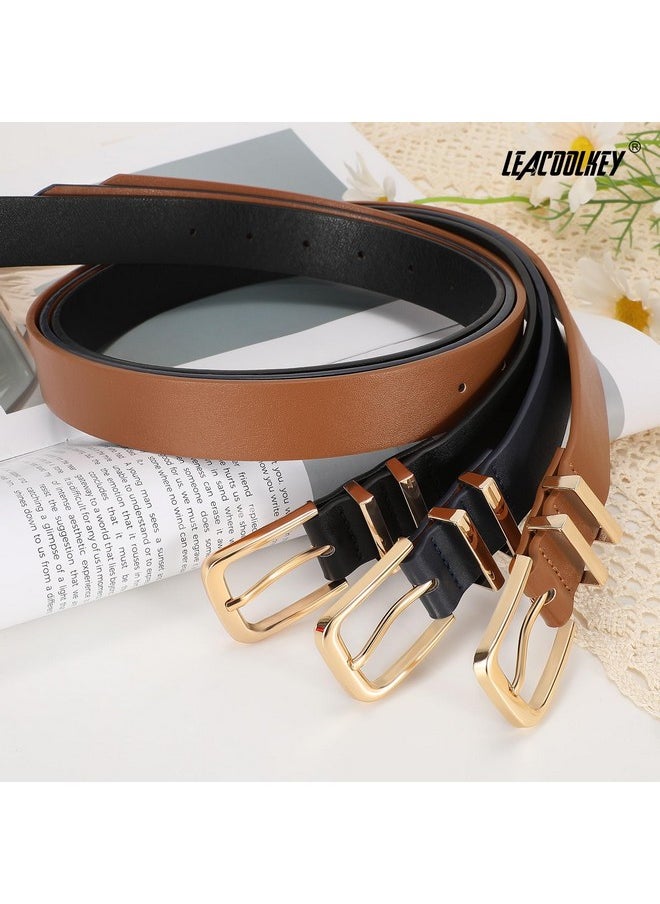 3 Pack Women'S Leather Belts For Jeans Dresses Fashion Ladies Gold Buckle Leather Belts, Black/Brown/Navy