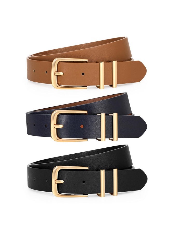 3 Pack Women'S Leather Belts For Jeans Dresses Fashion Ladies Gold Buckle Leather Belts, Black/Brown/Navy