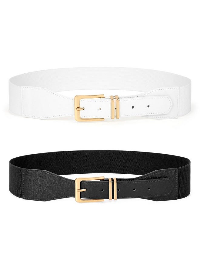 2 Pack Women Elastic Waist Belts Fashion Wide Stretchy Ladies Gold Buckle Belts For Dress M Black+White