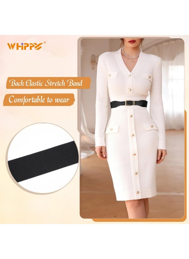 2 Pack Women Elastic Waist Belts Fashion Wide Stretchy Ladies Gold Buckle Belts For Dress M Black+White