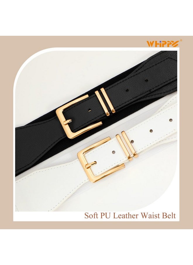 2 Pack Women Elastic Waist Belts Fashion Wide Stretchy Ladies Gold Buckle Belts For Dress M Black+White