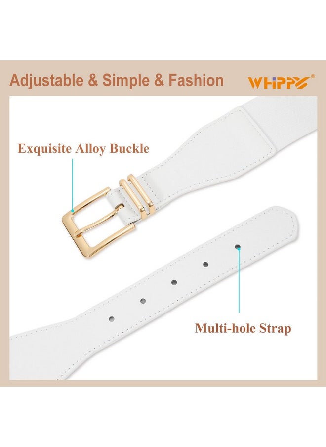 2 Pack Women Elastic Waist Belts Fashion Wide Stretchy Ladies Gold Buckle Belts For Dress M Black+White