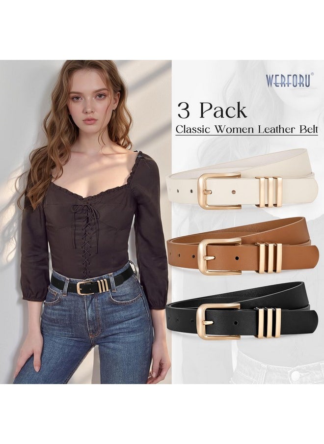 3 Pack Women’ Leather Belt With Square Gold Buckle Fashion Ladies Leather Waist Belt For Jeans Dress