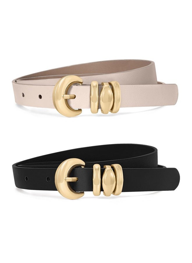 2 Pack Womens Skinny Leather Belts For Ladies Thin Waist Belt For Jeans Dresses Pants Coats With Fashion Gold Buckle, Black/Beige, Fits Pant Sizes 29-33 Inch