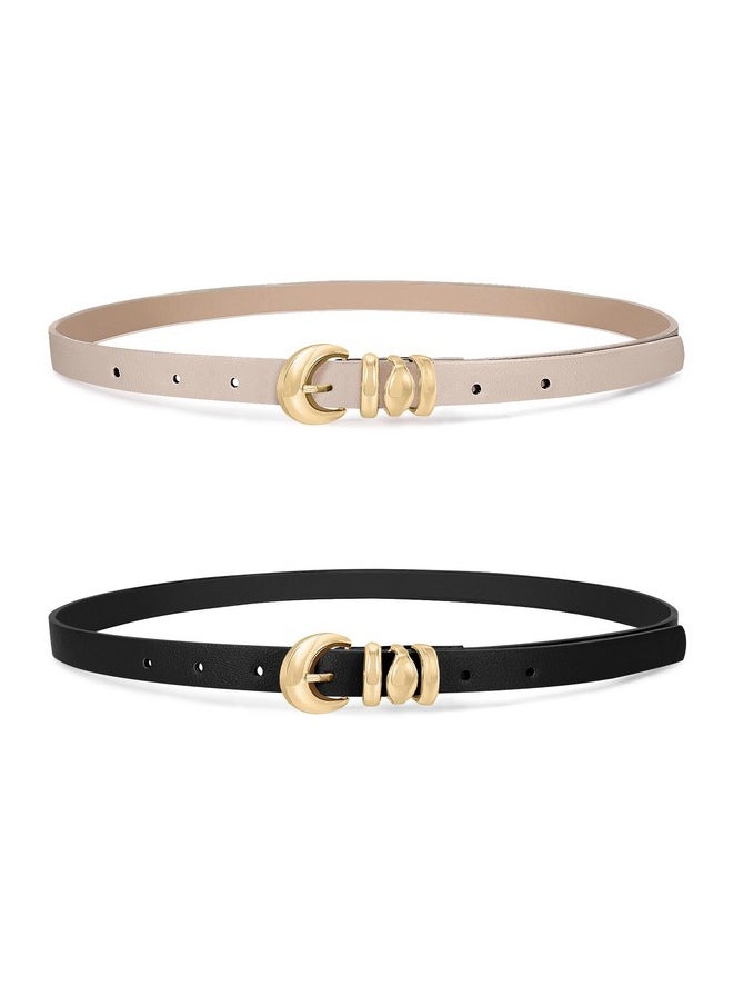 2 Pack Womens Skinny Leather Belts For Ladies Thin Waist Belt For Jeans Dresses Pants Coats With Fashion Gold Buckle, Black/Beige, Fits Pant Sizes 29-33 Inch