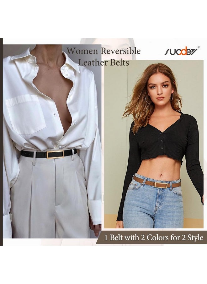 Women Reversible Leather Belts For Jeans Pants Dresses Ladies Fashion Belts With Gold Buckle, 0.9