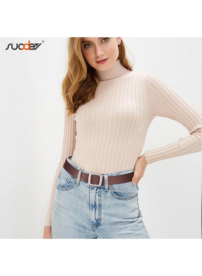 Women Reversible Leather Belt Two Color-In-One Square Buckle Fashion Belt For Jeans Pants Dresses Coat