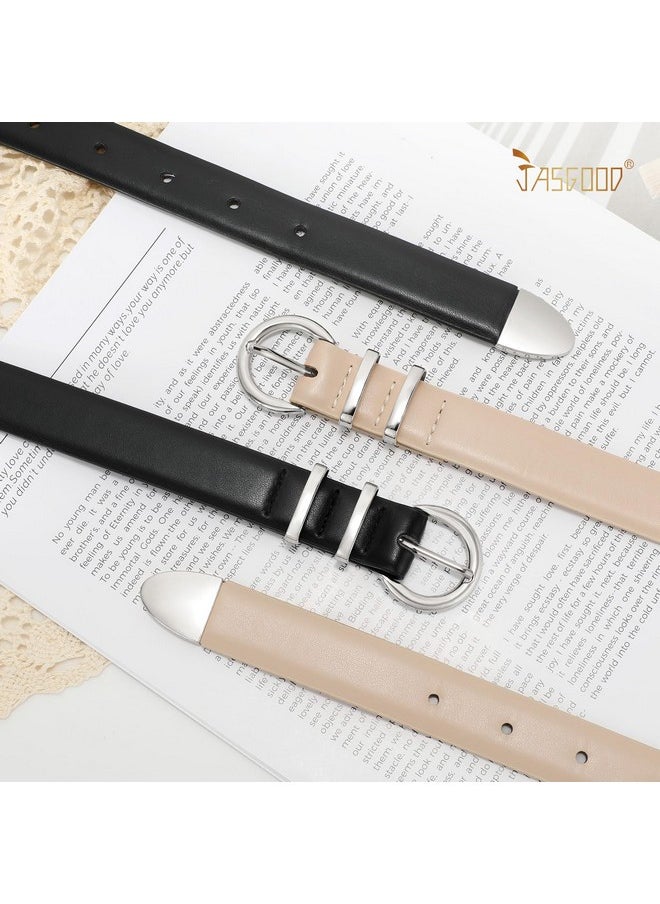 2 Pack Women'S Leather Belts With Silver Buckle Fashion Leather Waist Belt Elegant Ladies Belts For Jeans Dress,Black+Light Beige