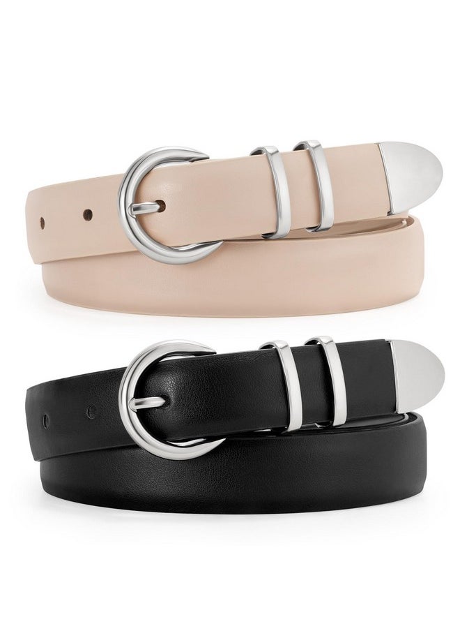 2 Pack Women'S Leather Belts With Silver Buckle Fashion Leather Waist Belt Elegant Ladies Belts For Jeans Dress,Black+Light Beige