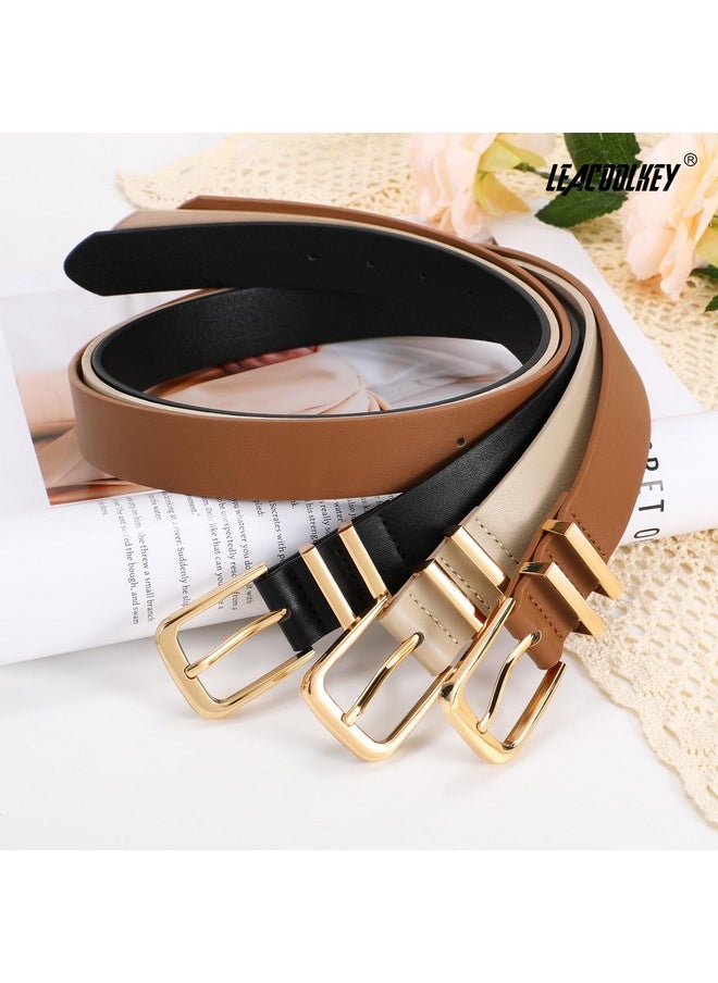 3 Pack Women'S Leather Belts For Jeans Dresses Fashion Ladies Gold Buckle Leather Belts, Black/Brown/Beige