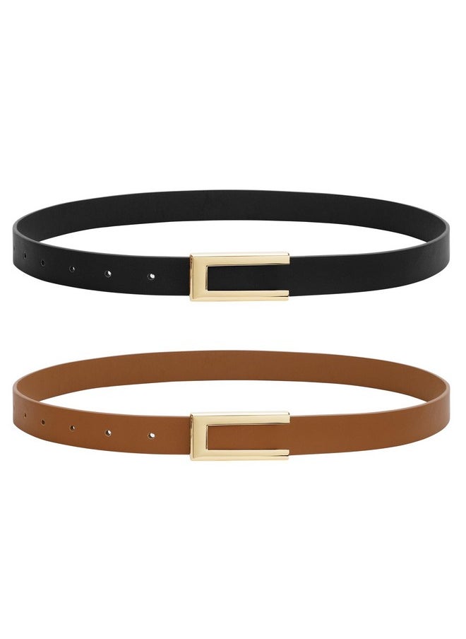 2 Pack Skinny Leather Belts For Women, Ladies Thin Waist Belt For Dresses Jeans Pants With Gold Buckle, Black+Brown, S