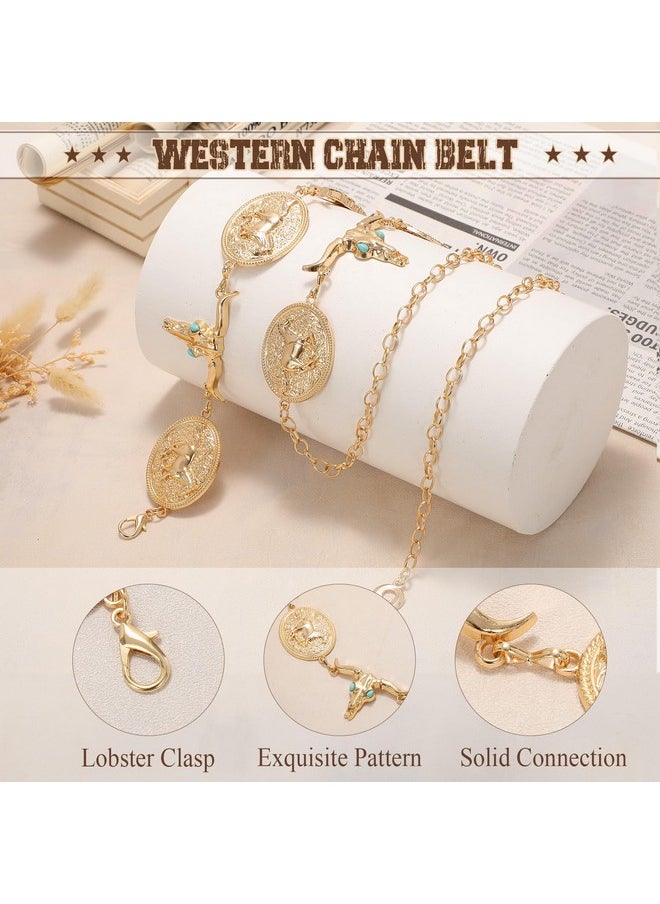 Women Concho Chain Belt Boho Chain Belt For Dresses Jeans Western Cowgirl Waist Belt Metal Concho Belt, Gold, Bull Head Chain, S