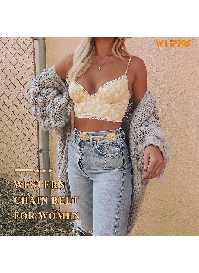 Women Concho Chain Belt Boho Chain Belt For Dresses Jeans Western Cowgirl Waist Belt Metal Concho Belt, Gold, Bull Head Chain, S