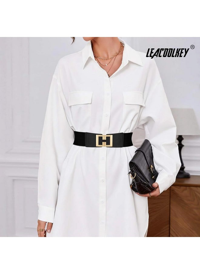 Women'S Elastic Wide Belt Gold Buckle Stretchy Waist Cinch Belt For Dresses Black