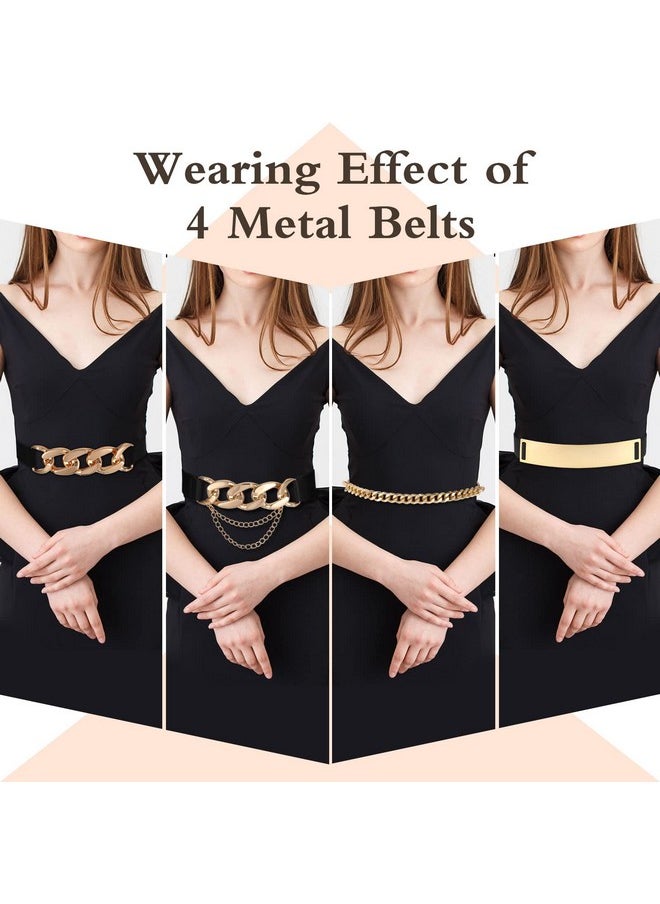 4 Pieces Belts For Women Metal Gold Stretch Waist Belt Skinny Wide Chain Belt Elastic Belt For Dress