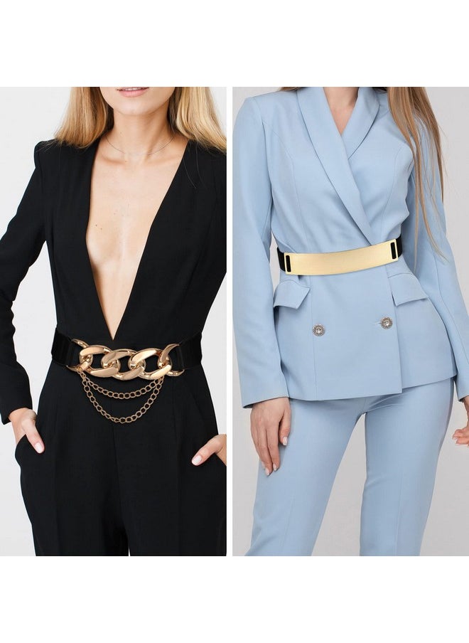 4 Pieces Belts For Women Metal Gold Stretch Waist Belt Skinny Wide Chain Belt Elastic Belt For Dress