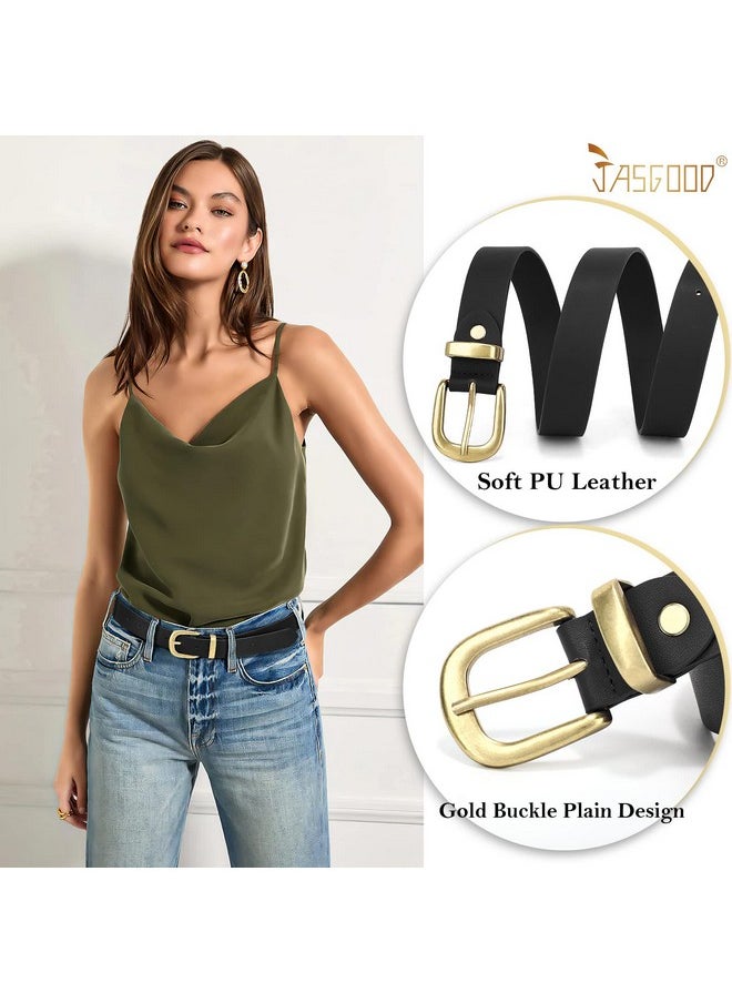 Women'S Leather Belt For Jeans Pants, Fashion Ladies Belt For Dresses With Gold Buckle