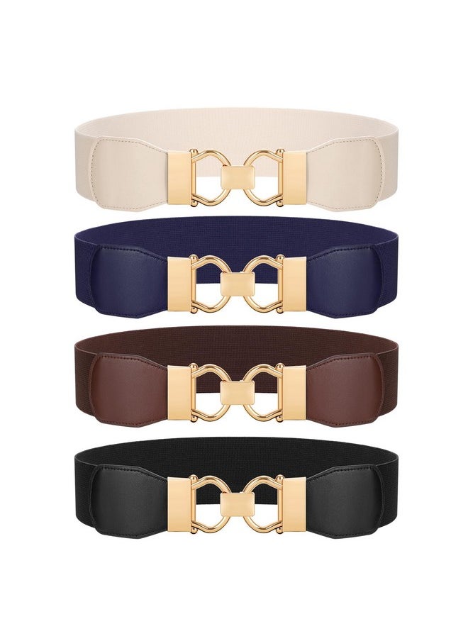 4 Pack Wide Stretchy Belt For Women Elastic Waist Belt For Dresses Fashion Belt With Gold Interlocking Buckle