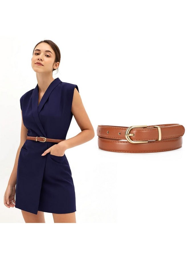 Womens Thin Leather Belt Skinny Faux Leather Belt For Jeans Dress With Gold Alloy Buckle,Brown/Fit Waist Size 26-31 Inch