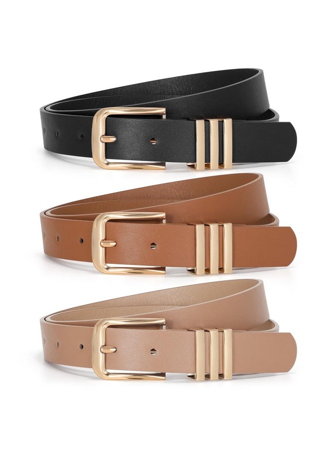 3 Pack Women'S Leather Belts Ladies Fashion Leather Belts For Jeans Pants Dress With Gold Buckle, Black+Brown+Khaki