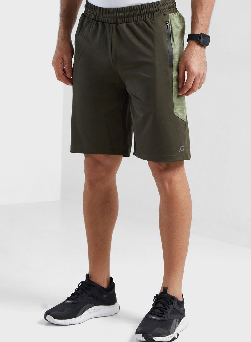 Contrast Panel Sport Shorts Army Green