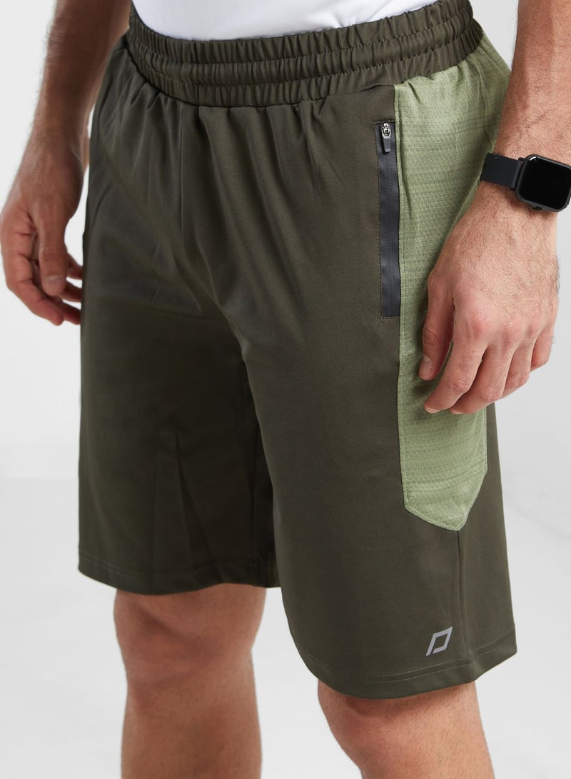 Contrast Panel Sport Shorts Army Green