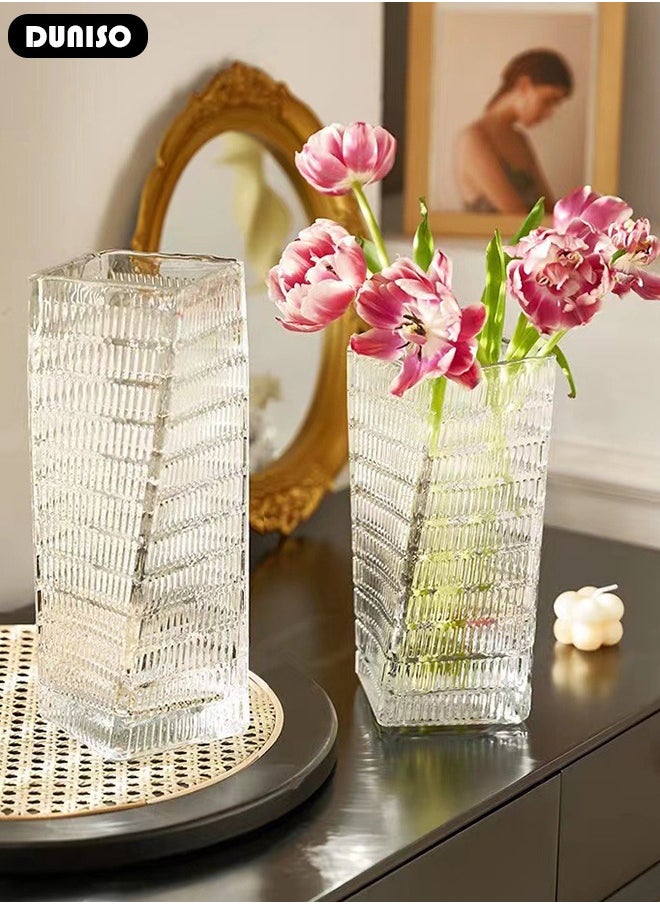Clear Glass Vase, Modern Decorative Vase, Large Irregular Shape Vintage Flower Vase, Minimalist Ins Style Embossed Glass Vase for Wedding Table Decorations Centerpieces, Crystal Vase for Living Room, Bedroom, Kitchen, Dining Table, Mantle