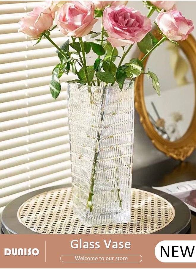Clear Glass Vase, Modern Decorative Vase, Large Irregular Shape Vintage Flower Vase, Minimalist Ins Style Embossed Glass Vase for Wedding Table Decorations Centerpieces, Crystal Vase for Living Room, Bedroom, Kitchen, Dining Table, Mantle