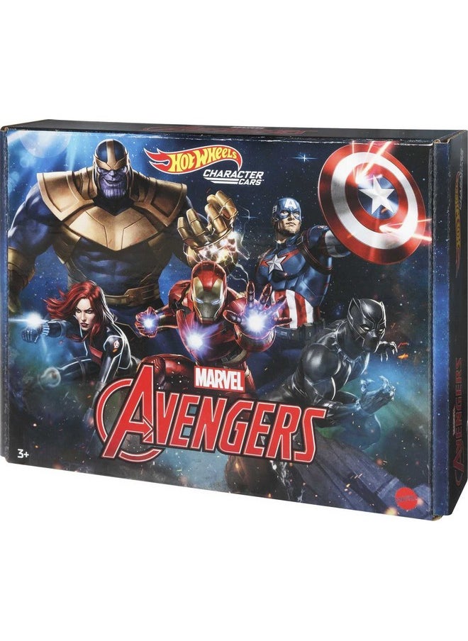 Hot Wheels Marvel Toy Character Car 5-Pack in 1:64 Scale, Set of 5 Vehicles: Captain America, Black Panther, Black Widow, Iron Man & Thanos