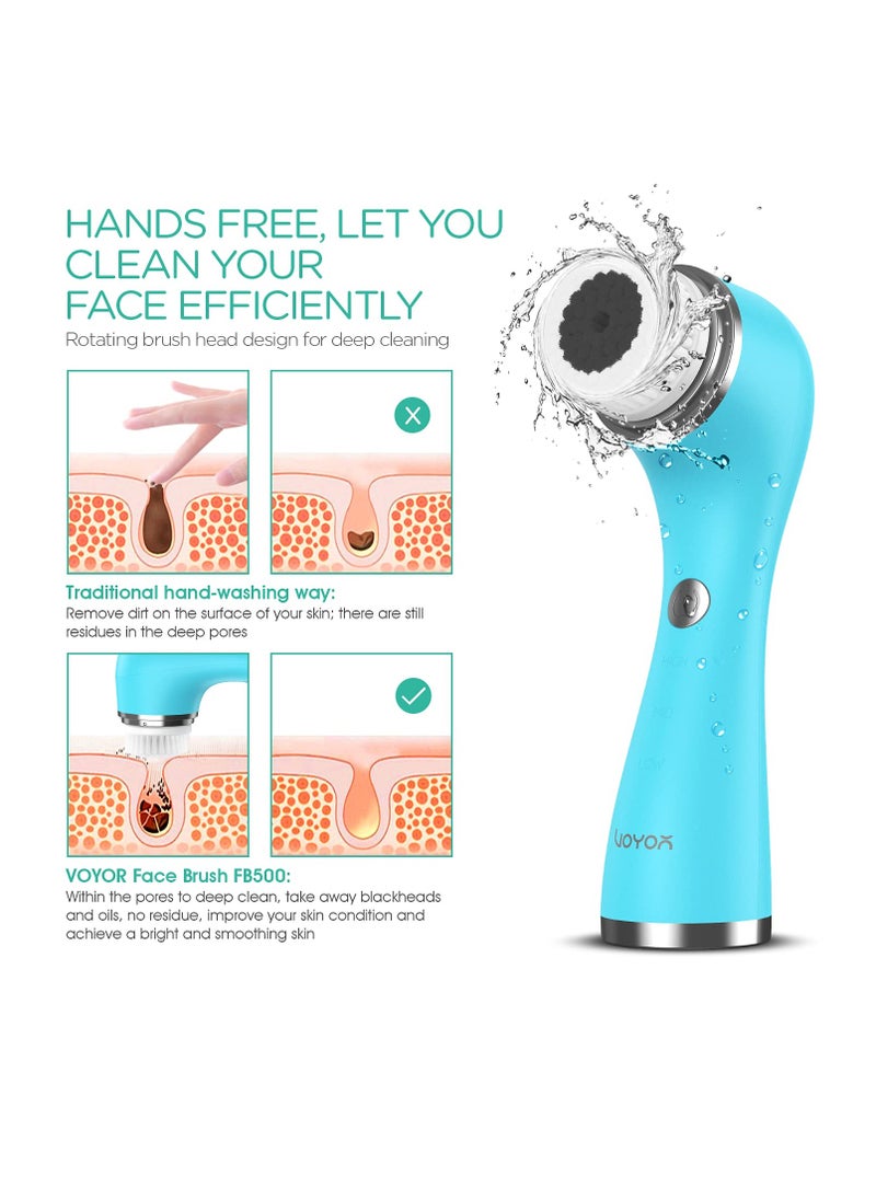 VOYOR Facial Cleansing Brush Rechargeable, Spin Face Brush Waterproof 5-in-1 Body Brush Set for Deep Skin Cleansing, Gentle Exfoliating and Massaging FB500 (Blue)