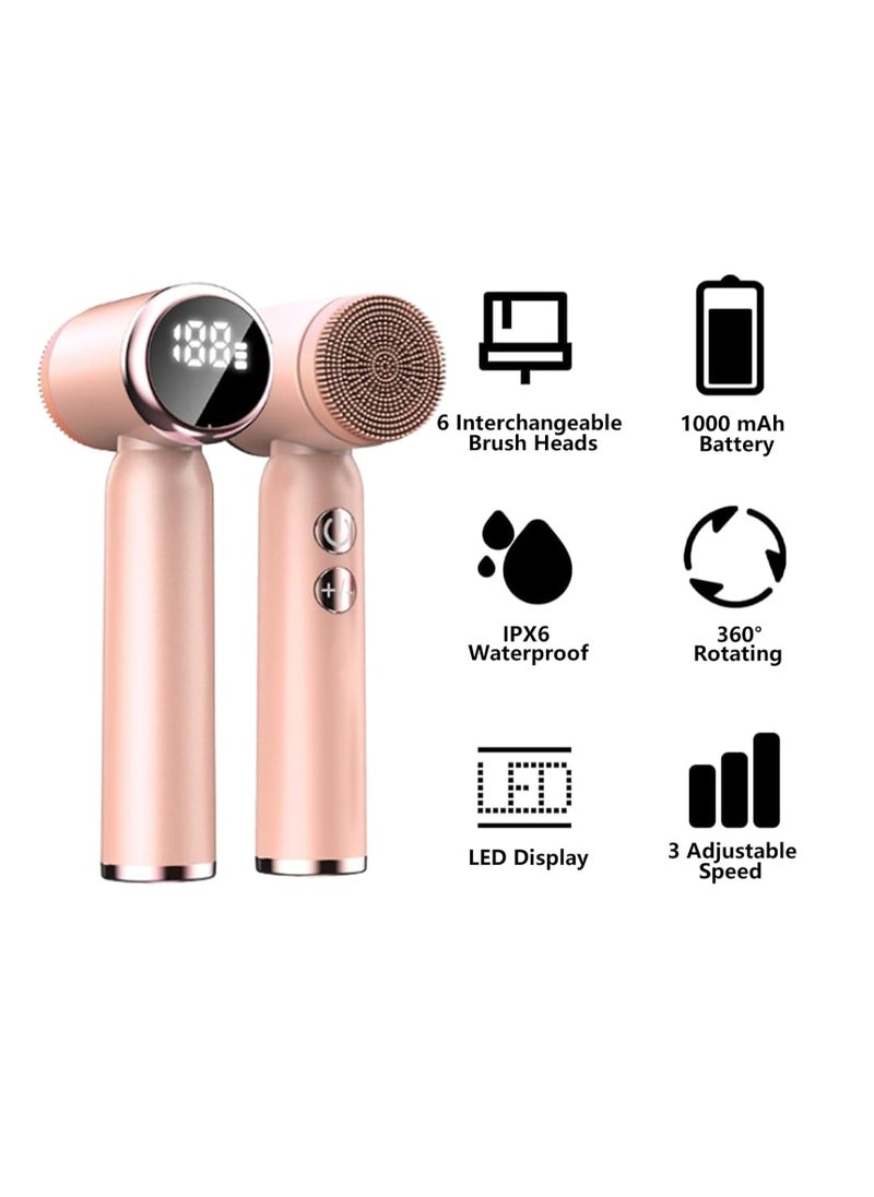 Facial Cleansing Brush, 6 in 1 Electric Face Scrubber with 6 Brush Heads and 3 Spin Speeds for Deep Cleansing, Waterproof Rechargeable Face Brushes for Dry Oily Sensitive Skin (Pink)