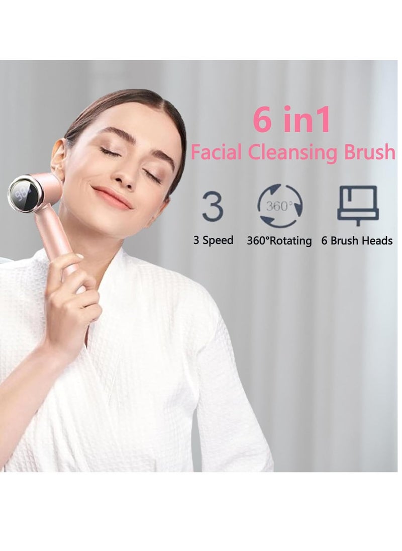 Facial Cleansing Brush, 6 in 1 Electric Face Scrubber with 6 Brush Heads and 3 Spin Speeds for Deep Cleansing, Waterproof Rechargeable Face Brushes for Dry Oily Sensitive Skin (Pink)