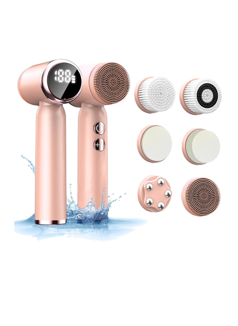 Facial Cleansing Brush, 6 in 1 Electric Face Scrubber with 6 Brush Heads and 3 Spin Speeds for Deep Cleansing, Waterproof Rechargeable Face Brushes for Dry Oily Sensitive Skin (Pink)