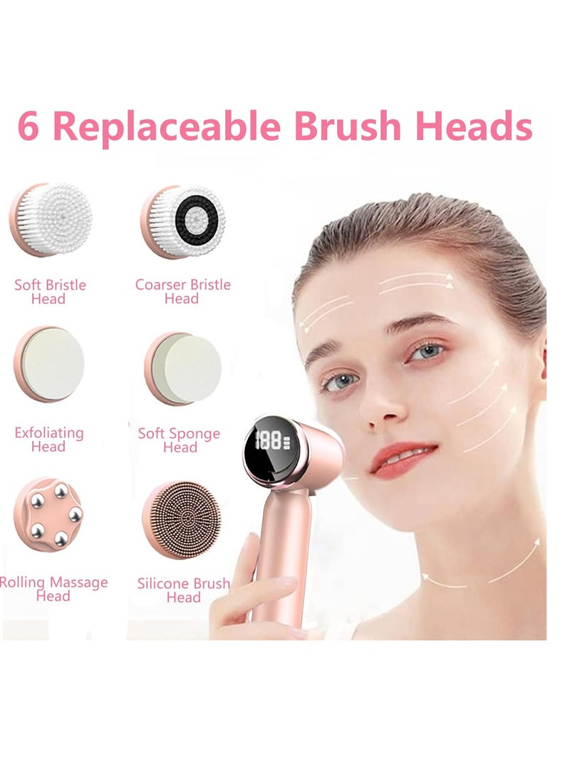 Facial Cleansing Brush, 6 in 1 Electric Face Scrubber with 6 Brush Heads and 3 Spin Speeds for Deep Cleansing, Waterproof Rechargeable Face Brushes for Dry Oily Sensitive Skin (Pink)