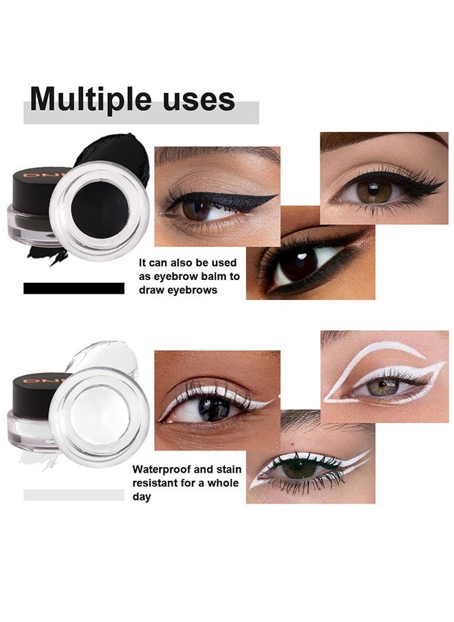 Dam，2 in 1 Black and White Gel Eyeliner Set Water Proof Smudge Proof, Last for All Day Long, Work Great with Eyebrow, 2 Pieces Eye Makeup Brushes Included-48g#02