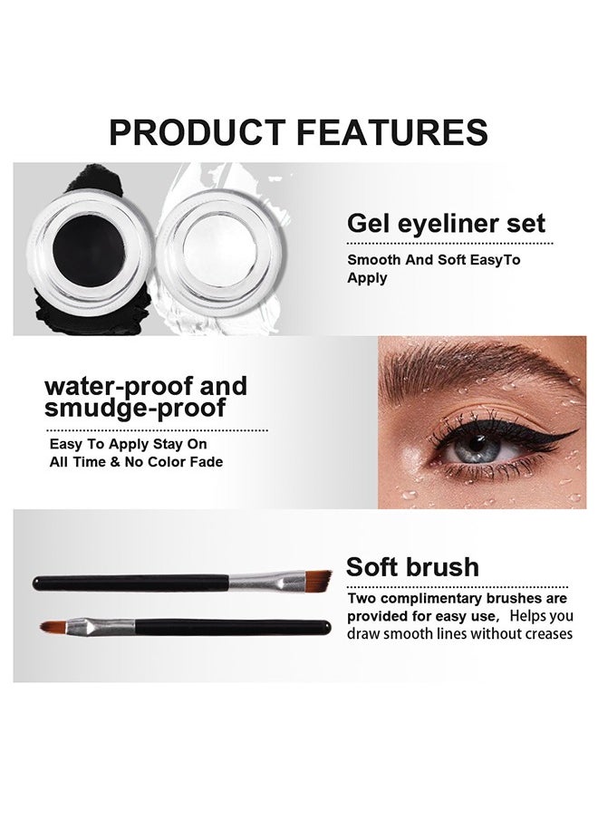 Dam，2 in 1 Black and White Gel Eyeliner Set Water Proof Smudge Proof, Last for All Day Long, Work Great with Eyebrow, 2 Pieces Eye Makeup Brushes Included-48g#02