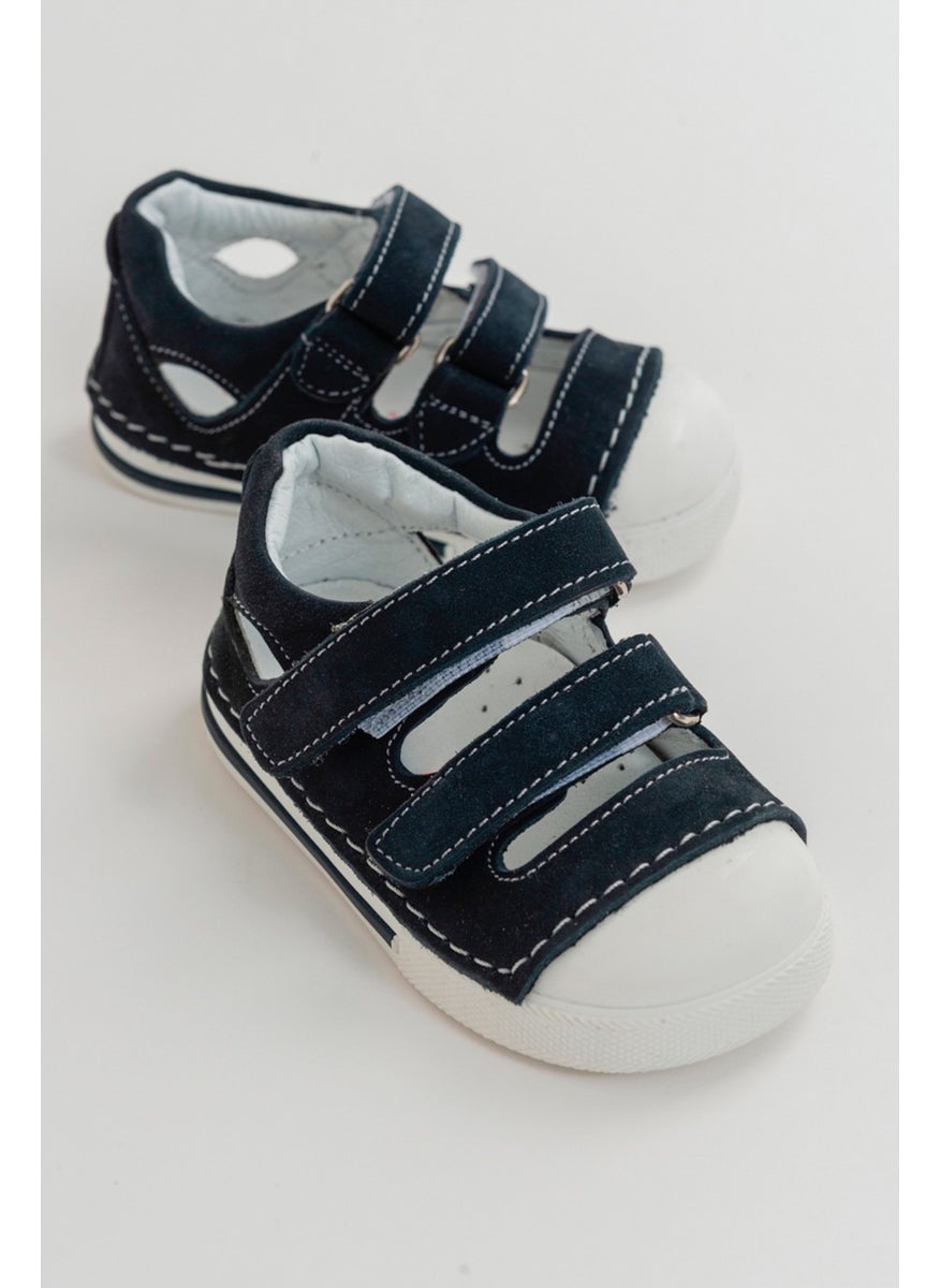 Unisex Kids Navy Blue Leather Anatomically Supported First Step Shoes