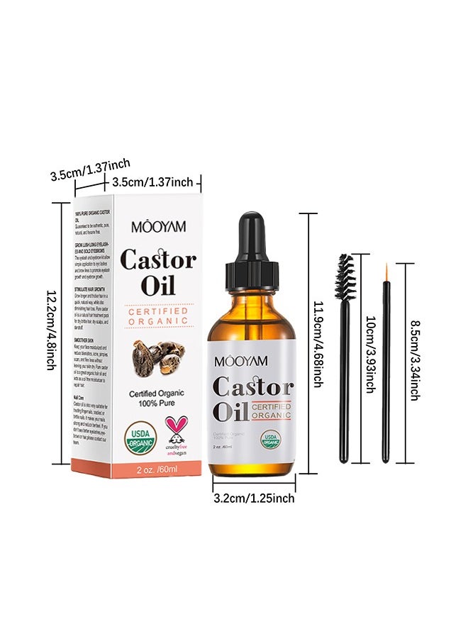 Castor Oil Certified Organic, Eyelash Growth Liquid 60ml, Organic Castor Oil, Hair Growth, Stimulate Growth for Eyelashes, Eyebrows, Hair, Make Eyelashes Thickness and Strong, Suitable for All Hair, Eyelash Growth Kit