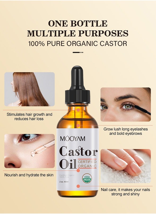 Castor Oil Certified Organic, Eyelash Growth Liquid 60ml, Organic Castor Oil, Hair Growth, Stimulate Growth for Eyelashes, Eyebrows, Hair, Make Eyelashes Thickness and Strong, Suitable for All Hair, Eyelash Growth Kit