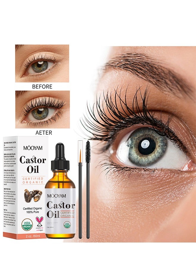 Castor Oil Certified Organic, Eyelash Growth Liquid 60ml, Organic Castor Oil, Hair Growth, Stimulate Growth for Eyelashes, Eyebrows, Hair, Make Eyelashes Thickness and Strong, Suitable for All Hair, Eyelash Growth Kit