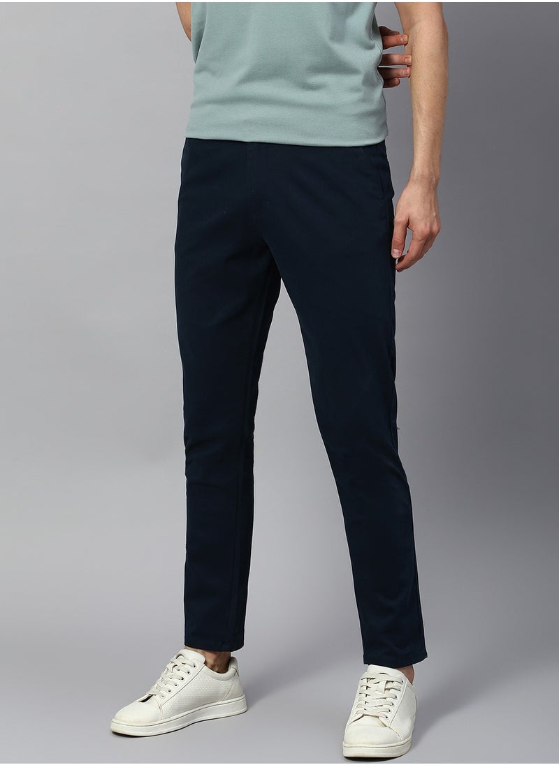 Men's Tapered Fit Royal Blue Cotton Chinos - Mid-Rise, Full Length, Button & Zip Closure, Machine Wash