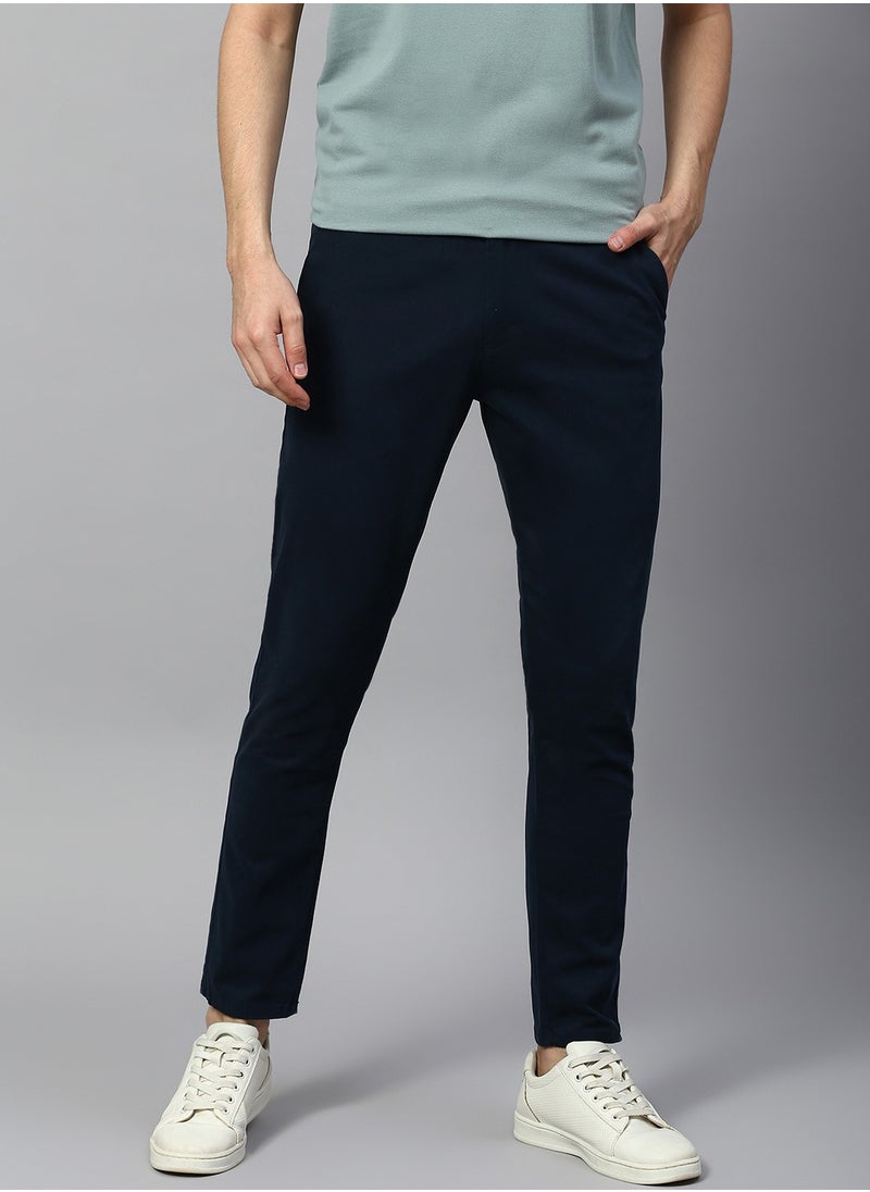 Men's Tapered Fit Royal Blue Cotton Chinos - Mid-Rise, Full Length, Button & Zip Closure, Machine Wash