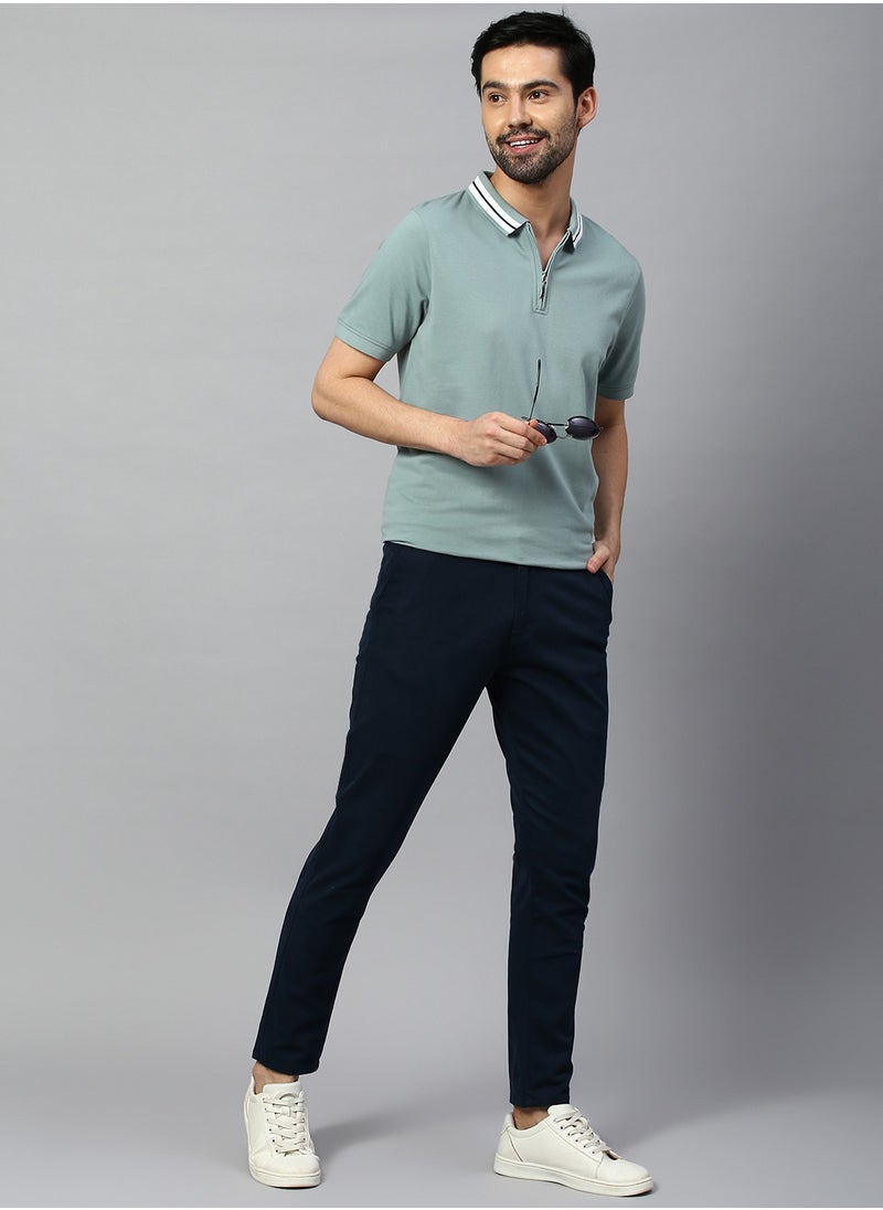 Men's Tapered Fit Royal Blue Cotton Chinos - Mid-Rise, Full Length, Button & Zip Closure, Machine Wash