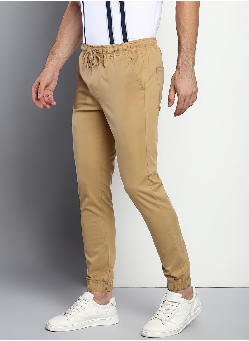 Men's Regular Fit Dark Khaki Cotton Trousers - Mid-Rise, Full Length, Button & Zip Closure, Machine Wash